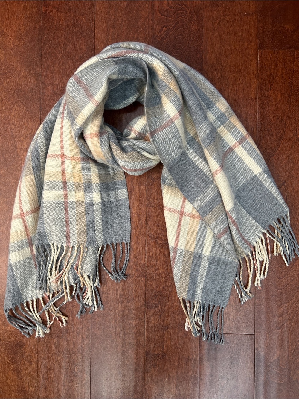 Cozy Plaid Fringe Scarf in Gray and Beige-y Cream, Soft, Cozy and Fuzzy